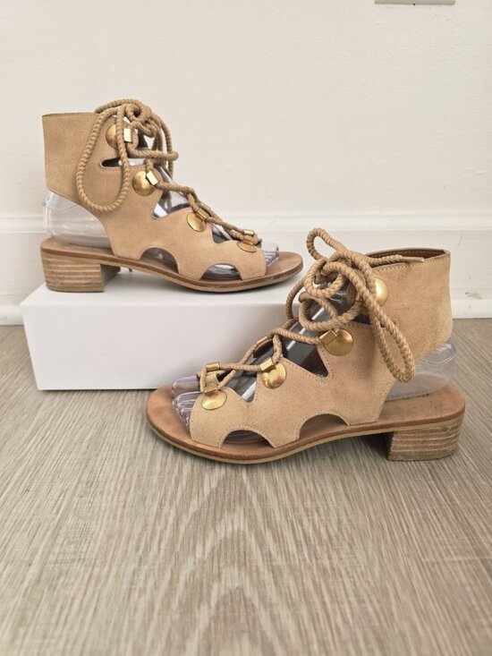 See by Chloe Edna Gladiator Sandals 36.5 - 6.5 Lacw Up Open Toe Shoes Tan Studs